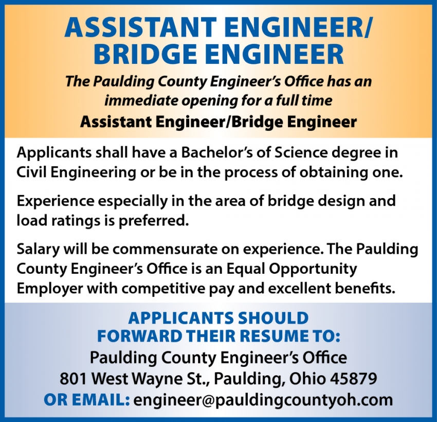 Assistant Engineer/ Bridge Engineer, Paulding County Engineer's Office