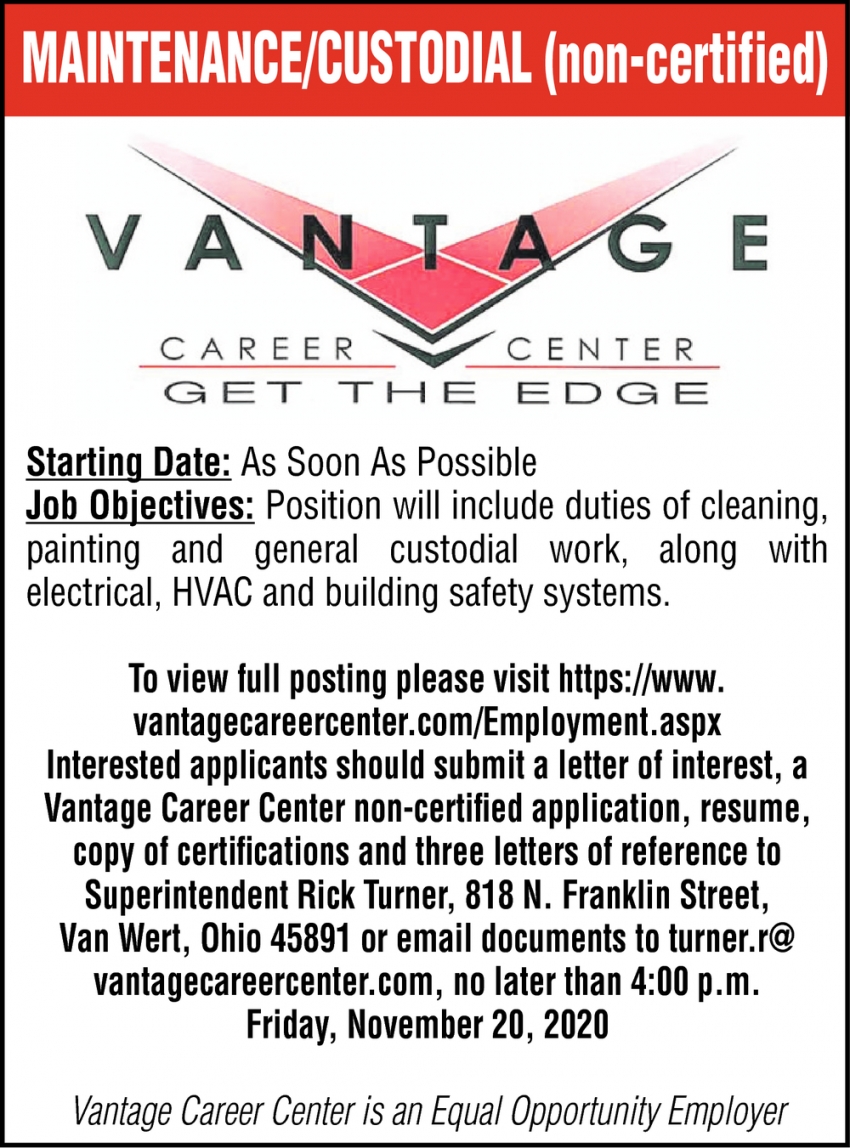 Custodial, Vantage Career Center, Van 