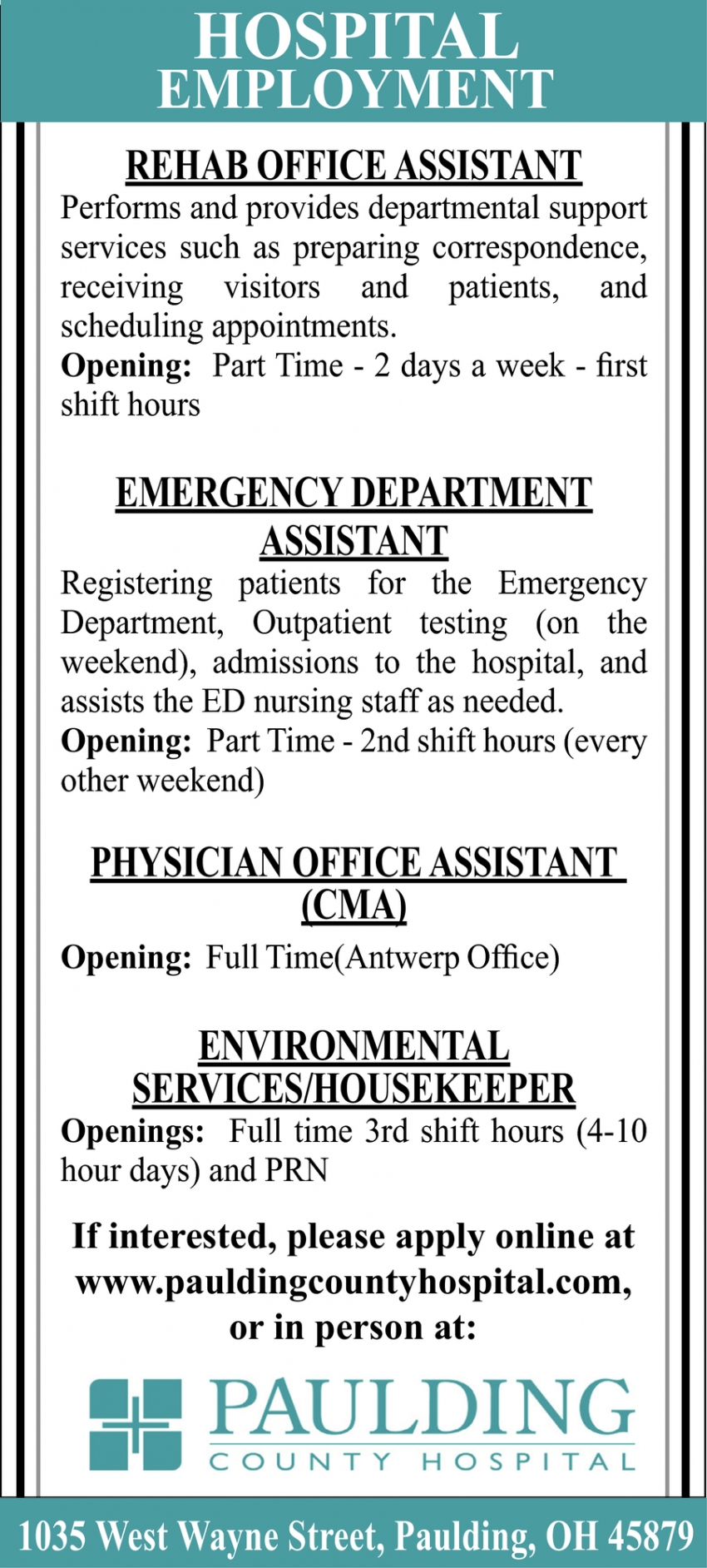Hospital Employment, Paulding County Hospital, Paulding, OH