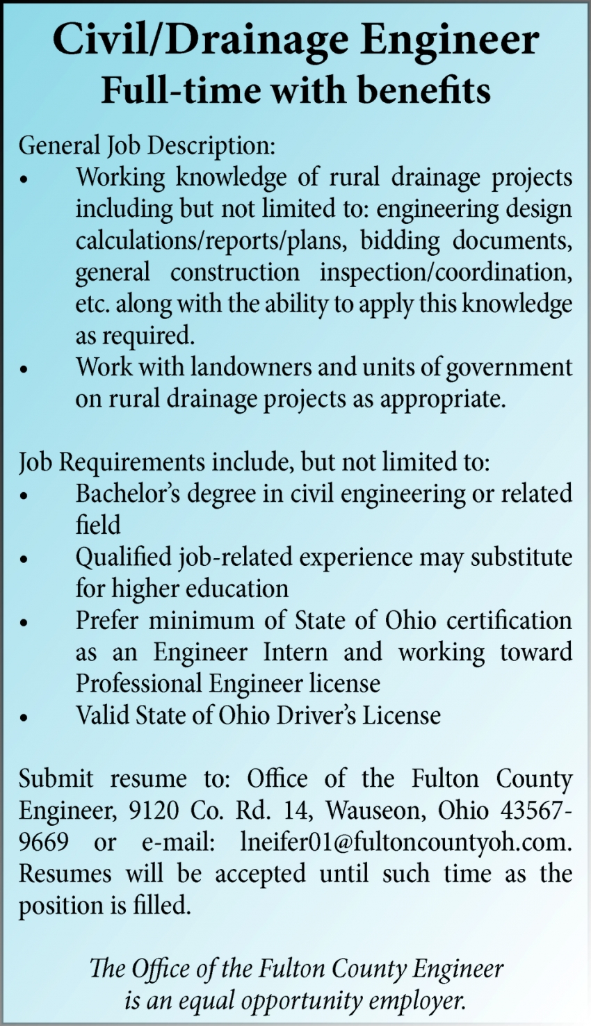 Civil/Drainage Engineer, Office Of The Fulton County